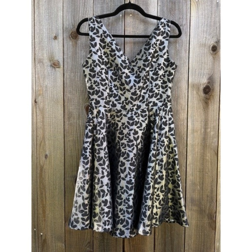 Yumi Black Silver Metallic Leaf Jacquard‎ Fit Flare Dress UK 12 US 6-8